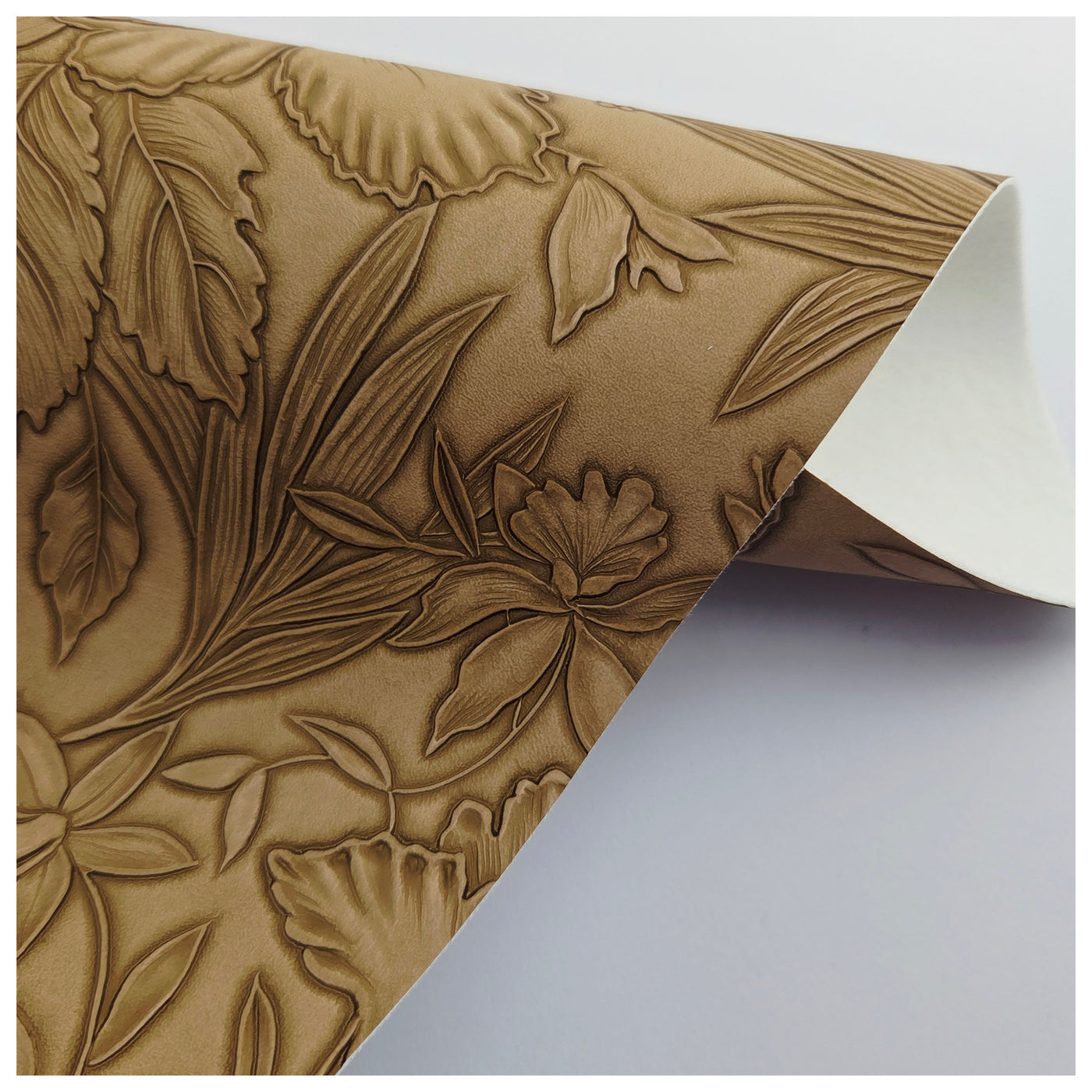 A4 Sheet of Brown Beige Embossed Tropical Floral Faux Leather