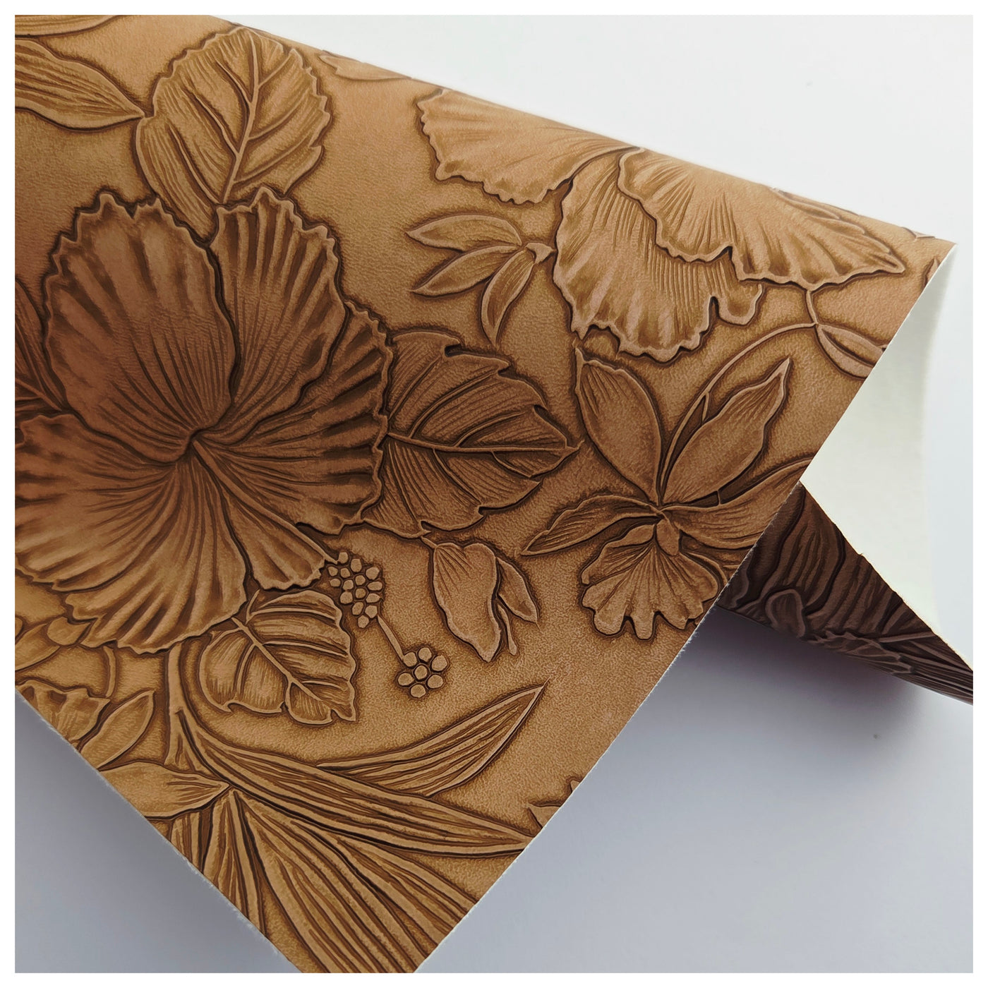 A4 Sheet of Tan Embossed Tropical Floral Faux Leather
