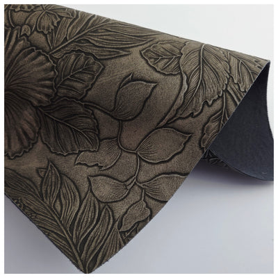 A4 Sheet of Dark Chocolate Embossed Tropical Floral Faux Leather