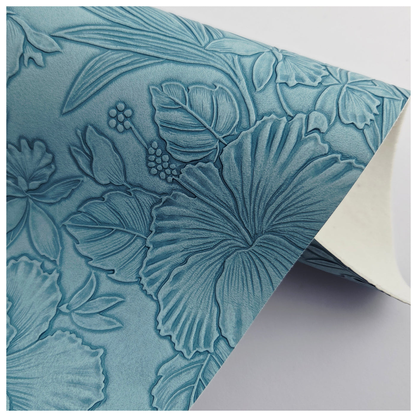 A4 Sheet of Baby Blue Embossed Tropical Floral Faux Leather
