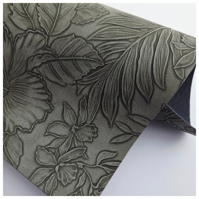 A4 Sheet of Charcoal Embossed Tropical Floral Faux Leather