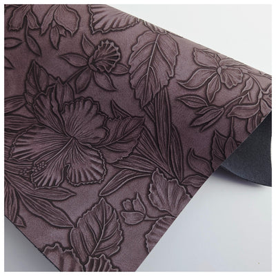 A4 Sheet of Aubergine Embossed Tropical Floral Faux Leather