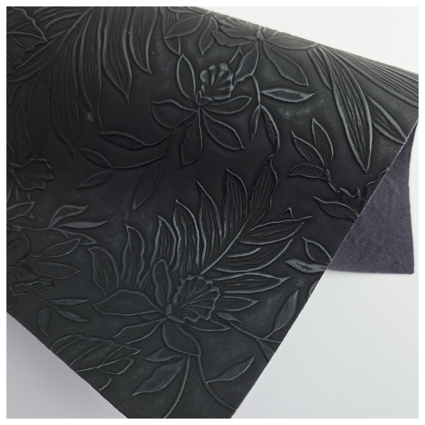 A4 Sheet of Black Embossed Tropical Floral Faux Leather