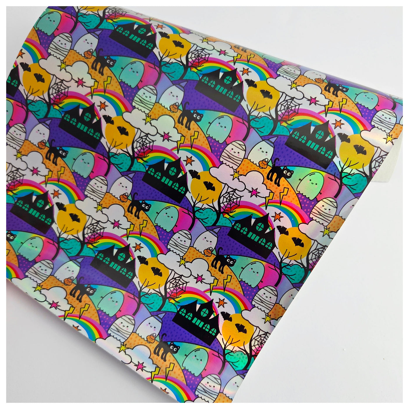 A4 Sheet of Holographic Rainbow Halloween Smooth Faux Leather (larger print)