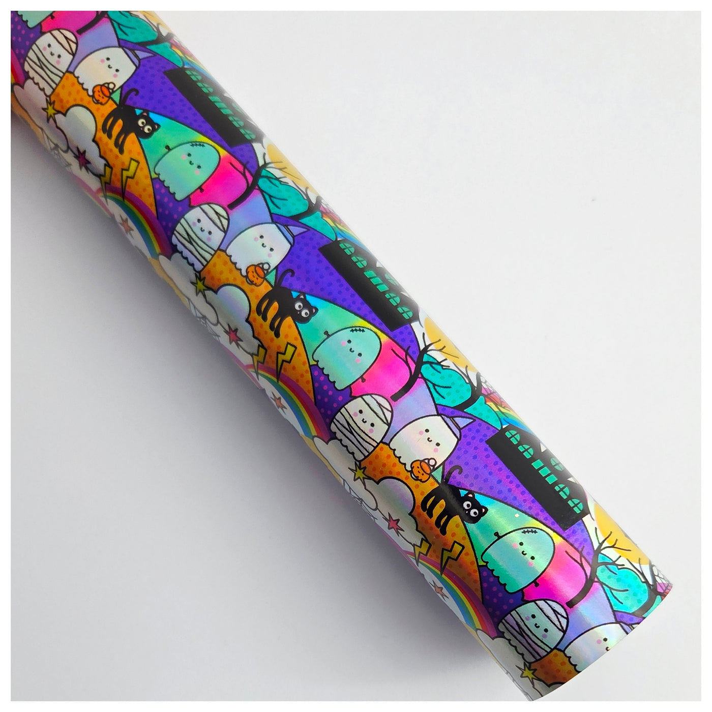 A4 Sheet of Holographic Rainbow Halloween Smooth Faux Leather (larger print)