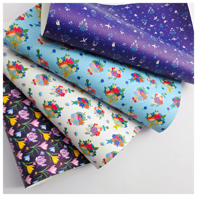 A4 Sheet of Blue Bouquets Litchi Leather