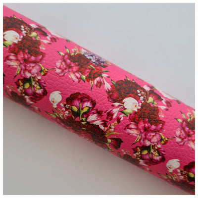 A4 Sheet of Raspberry Peonies in Bloom Litchi Leather
