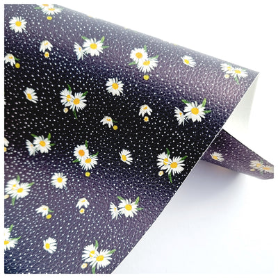 A4 Sheet of Black Scattered Daisies Litchi Leather