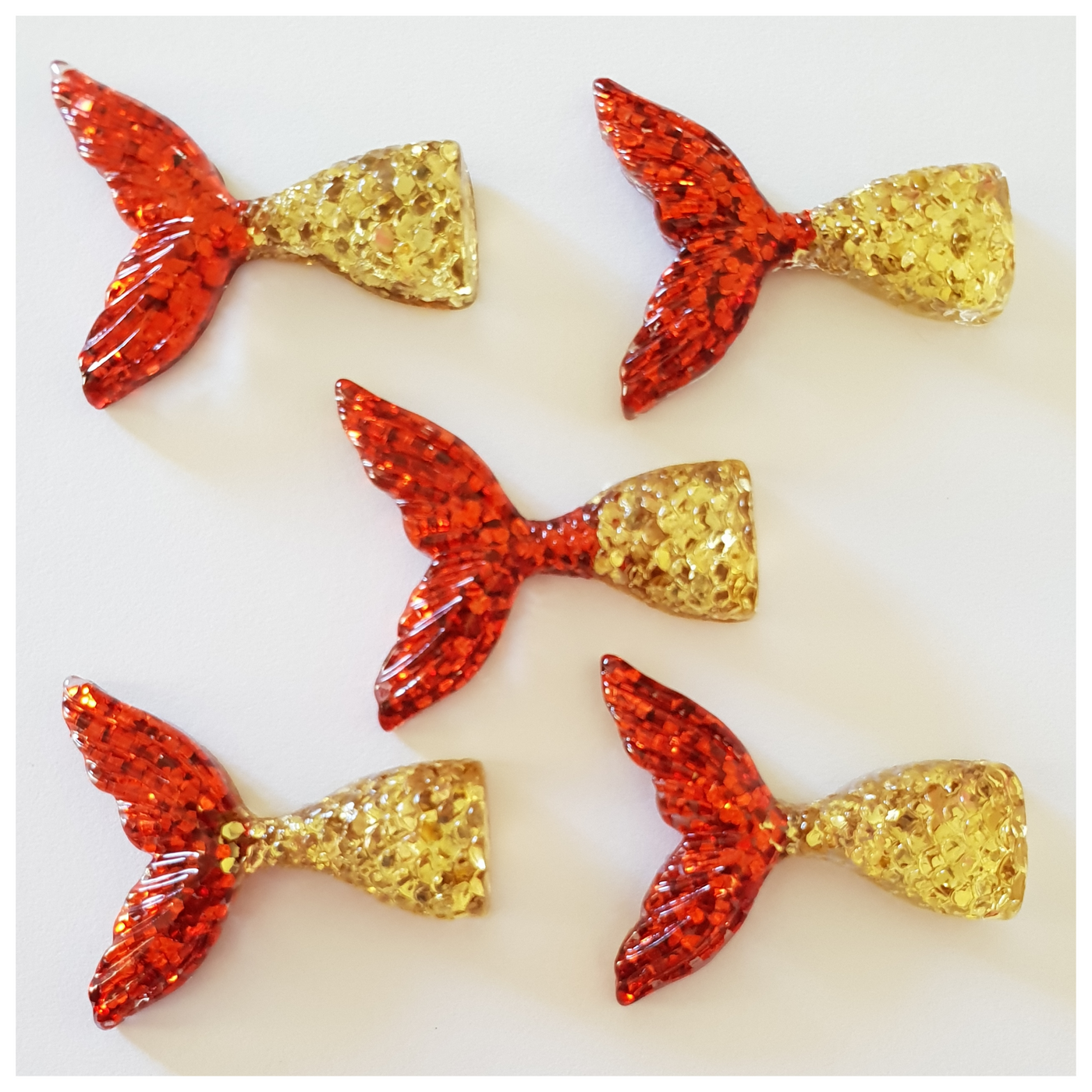 5 x Red and Gold Glitter Mermaid Tail Embellishments
