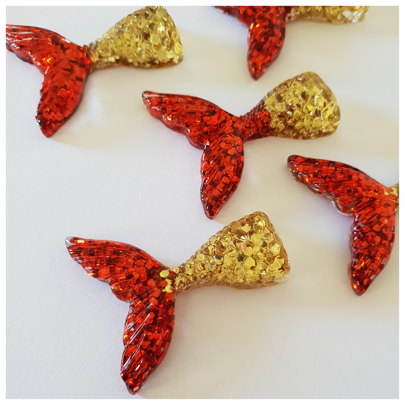 5 x Red and Gold Glitter Mermaid Tail Embellishments